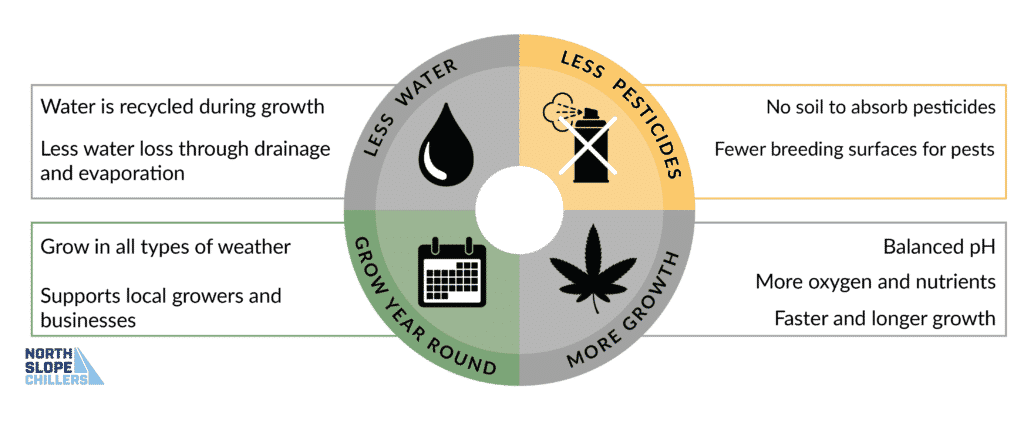 Infographic comparing hydroponics vs. soil growing — water usage, yield, and temperature control advantages