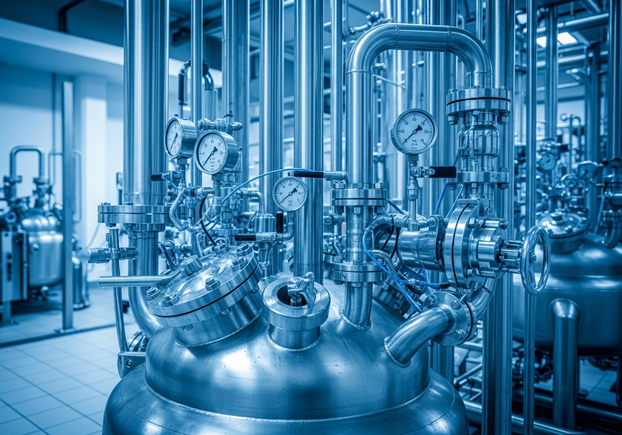 Industrial chemical processing equipment with stainless steel reactors, pipes, and pressure gauges in a chemical manufacturing plant cooled by North Slope Chillers