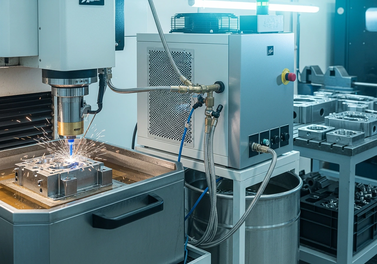 Sinker EDM machine cutting a precision die in dielectric fluid with a North Slope Chillers industrial chiller cooling the dielectric reservoir