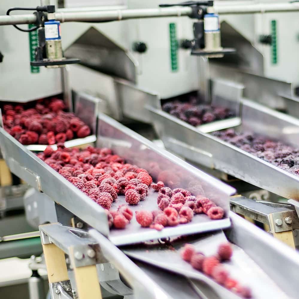 Food processing line with sanitary chiller-cooled conveyors