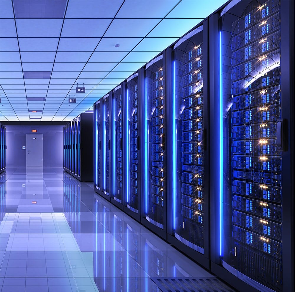 Data center server room with rows of racks and precision cooling equipment
