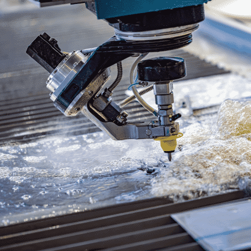 Industrial water jet cutting machine using high-pressure water and abrasive to precisely cut metal and stone