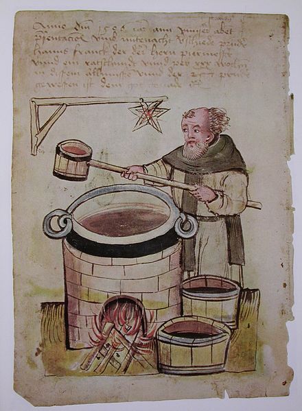 Medieval monk brewing beer in a monastery, illustrating the ancient history of fermentation and craft brewing