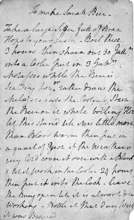 George Washington's handwritten small beer recipe showing early American brewing traditions