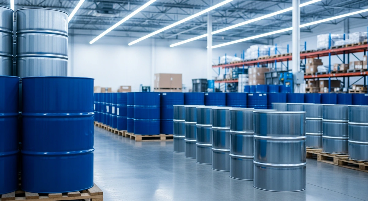 Rows of blue and silver 55-gallon industrial drums and barrels on pallets in a clean modern warehouse facility requiring temperature control