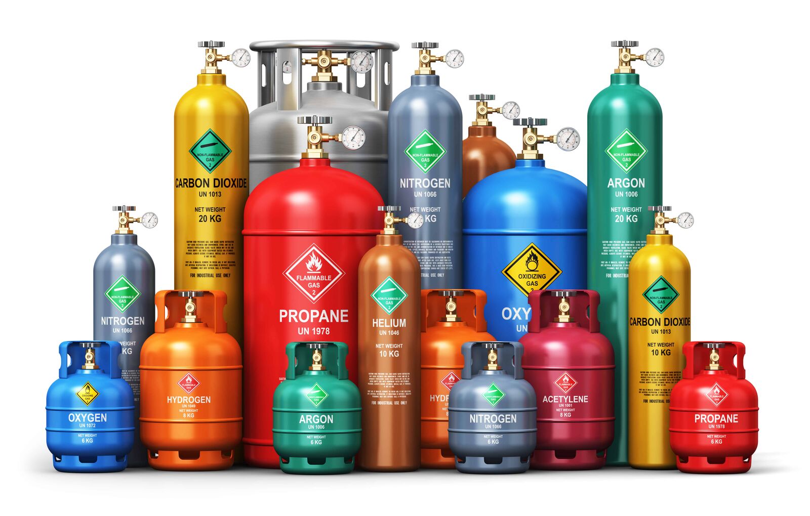 Row of pressurized gas vessels and industrial tanks requiring temperature-controlled cooling systems