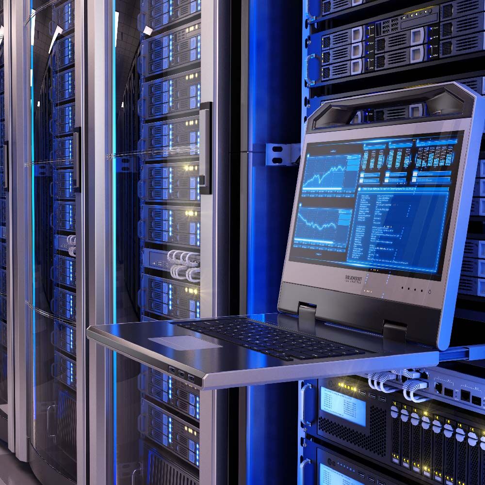 Server room with rows of rack-mounted servers requiring dedicated cooling systems