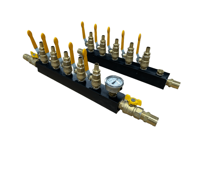 5-port manifold kit with 5/8 inch brass barbed fittings and ball valves for multi-circuit chiller distribution by North Slope Chillers