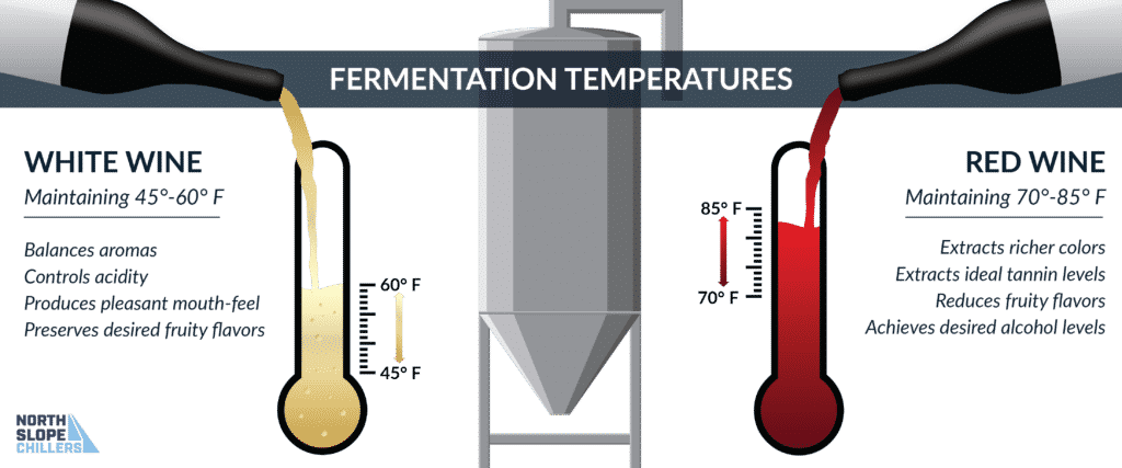 North Slope Chillers infographic showing fermentation temperatures for white and red wine